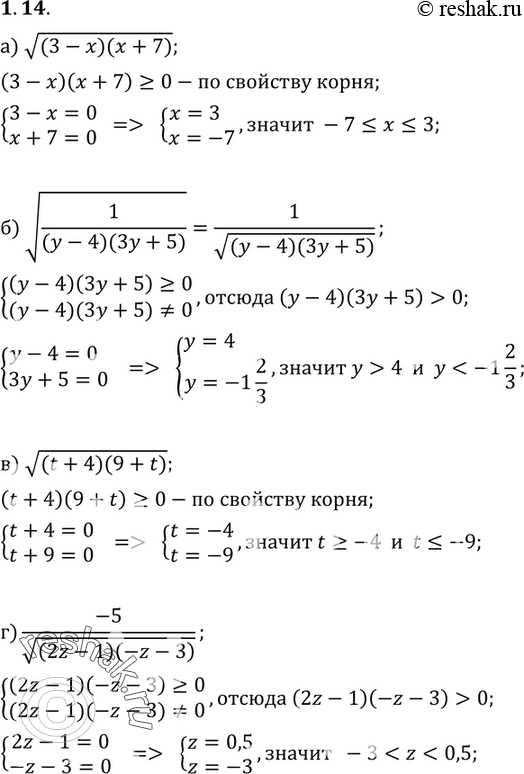 Изображение 1.14 а) корень (3-x)(x+7);б) корень 1/(y-4)(3y+5);в) корень (t+4)(9+t);г) -5/ корень...