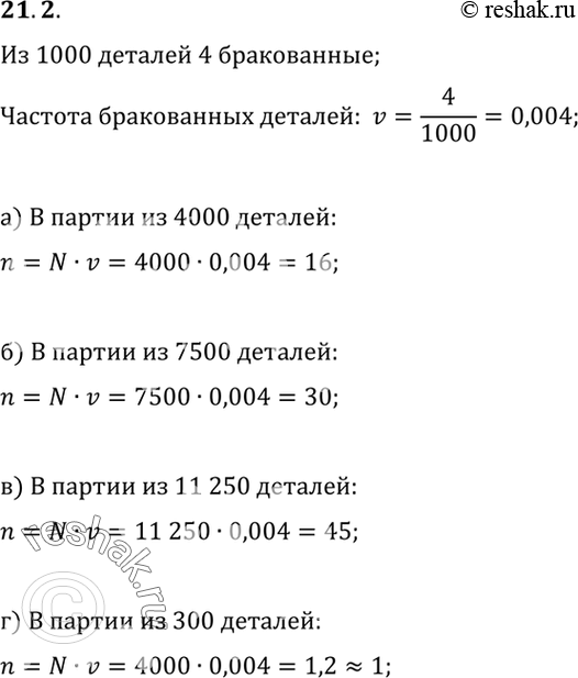 Изображение 21.2.	По многолетней статистике отдела контроля из 1000 экземпляров некоторой детали, выпущенной на предприятии, в среднем оказывается 4 бракованные детали. Сколько...
