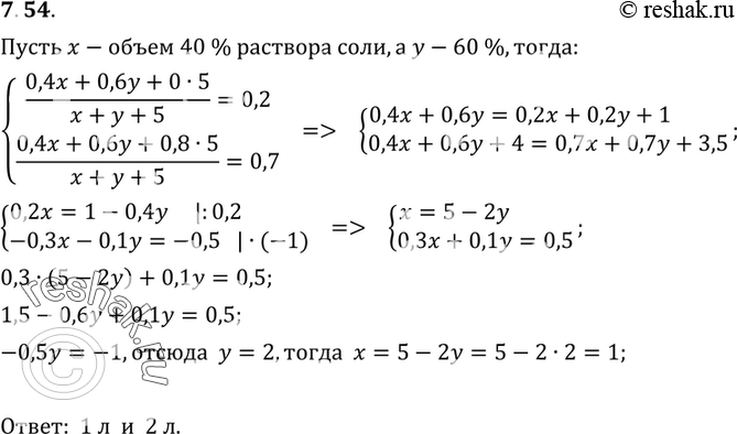 Изображение 7.54. Имеются два раствора соли в воде, первый — 40% -й, второй — 60%-й. Их смешали, добавили 5 л воды и получили 20%-й раствор. Если бы вместо 5 л воды добавили 5 л...