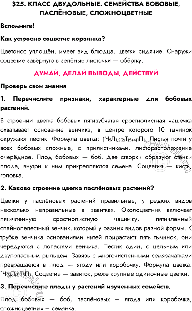 Изображение $25. КЛАСС ДВУДОЛЬНЫЕ. СЕМЕЙСТВА БОБОВЫЕ, ПАСЛЁНОВЫЕ, СЛОЖНОЦВЕТНЫЕВспомните!Как устроено соцветие корзинка?Цветонос уплощён, имеет вид блюдца, цветки сидячие....