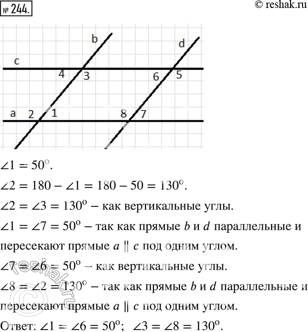Изображение 244. Постройте прямые a и b, пересекающиеся под углом 50 градусов. Проведите какую-нибудь прямую, параллельную прямой а, и прямую, параллельную прямой b. Определите,...