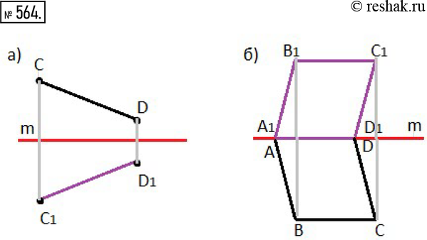 Изображение 564. На нелинованной бумаге проведите произвольную прямую и обозначьте её буквой m.а) Начертите отрезок, не пересекающий прямую m, и постройте отрезок, симметричный...