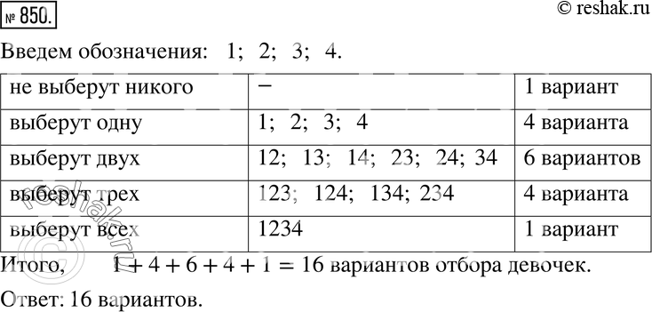 Изображение 850. Танцевальная студия объявила дополнительный набор девочек от 10 до 12 лет. На просмотр пришли 4 девочки. Сколько есть вариантов отбора новеньких у руководителя...