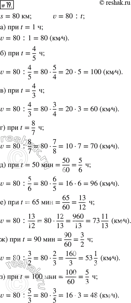 Изображение 19. Найдите скорость автомашины, если 80 км она проезжает:а) за 1 ч;      б) за 4/5 ч;      в) за 4/3 ч;    г) за 8/7 ч; д) за 50 мин;   е) за 65 мин;     ж) за 90...