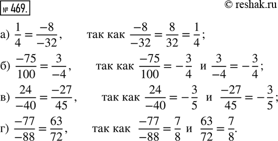 Изображение 469. Равны ли рациональные числа:а)  1/4  и  (-8)/(-32); б)  (-75)/100  и  3/(-4); в)  24/(-40)  и  (-27)/45; г)  (-77)/(-88)  и  63/72? ...