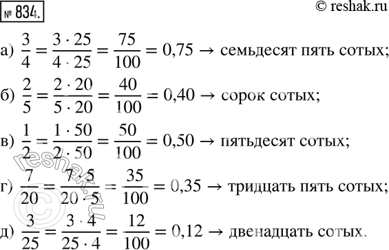 Изображение 834. Сколько сотых содержится в числе:а)  3/4; б)  2/5; в)  1/2; г)  7/20; д)  3/25? ...