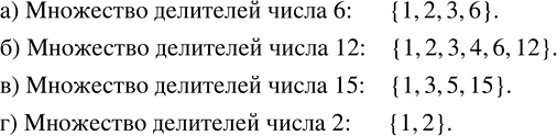 Изображение 1.139. Запишите множество всех натуральных чисел, на которые делится число:а) 6;   б) 12;   в) 15;   г)...