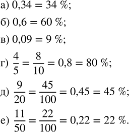 Изображение 2.324. Запишите в виде процентов:а) 0,34;   б) 0,6;   в) 0,09;   г) 4/5;   д) 9/20;   е) 11/50.Для того, чтобы представить обыкновенную дробь в процентах, сначала...