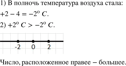 Изображение 108. 1) Вечером температура воздуха была +2^о C, а к полуночи понизилась на 4 градуса. Какой стала температура воздуха в полночь?2) Сравните вечернюю и полуночную...