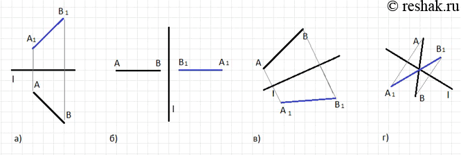 Изображение 310. Скопируйте в тетрадь рисунок 54 и постройте отрезок, симметричный отрезку AB относительно прямой...