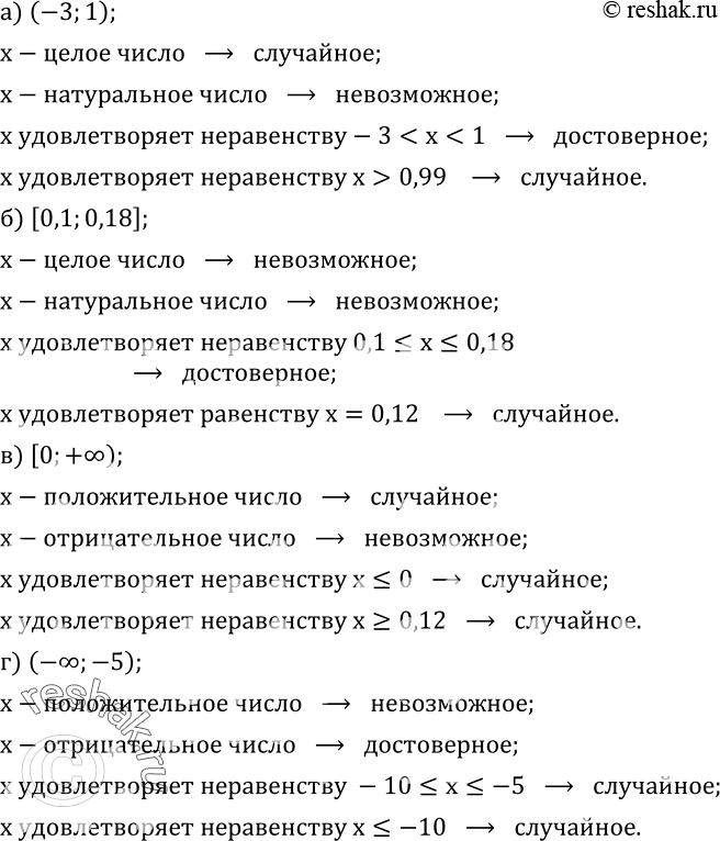 Изображение 397. Опыт состоит в том, что из данного промежутка наугад выбирают число x. Охарактеризуйте событие, а котором идет речь, как достоверное, невозможное или случайное:а)...