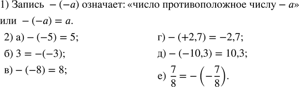 Изображение 73. 1) Подумайте, что означет запись: -(-a).2) Подставьте вместо * такое число, чтобы получилось верное равенство:а) -(-5)=*;     в) -*=8;          д) -*=10,3;б)...
