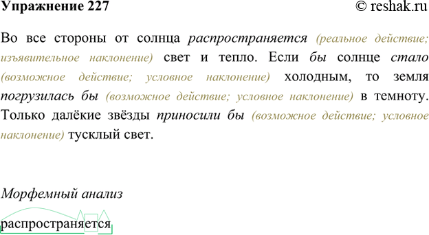 Изображение 227. Прочитайте текст. Назовите глагол, обозначающий действие, которое происходит на самом деле, и глаголы, обозначающие действия возможные. Определите наклонения...
