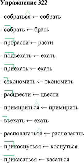 Изображение 322. Действуя по образцу в опорном материале, определите исходное слово для каждого глагола, а затем запишите слова парами, обозначая словообразовательные морфемы.-...