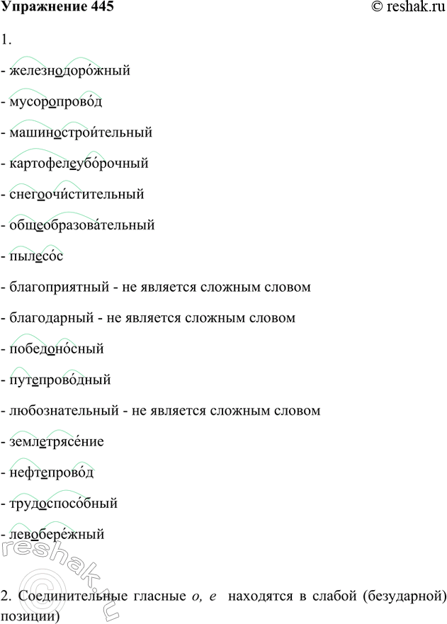 Изображение 445. 1. Читайте, указывая корни и соединительные гласные в сложных словах (см. упр. 145).2. Гласный звук в слабой или сильной позиции обозначается буквами о, е...