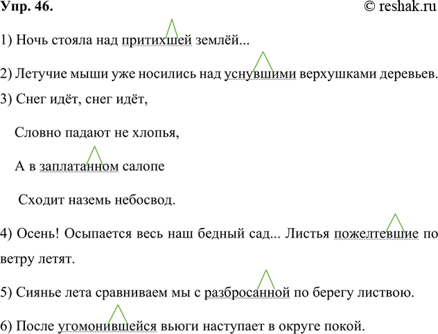 Изображение 46 Спишите. Найдите причастия, выделите их суффиксы. Подчеркните причастия как члены предложения.1) Ночь стояла над притихшей землёй... (К. Паустовский) 2) Летучие...